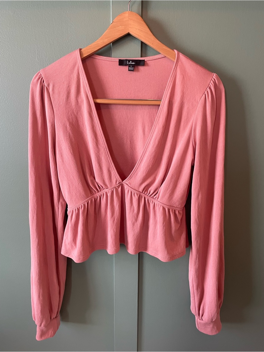 Lulu's Dusty Rose V-Neck Peplum Long Sleeve Top